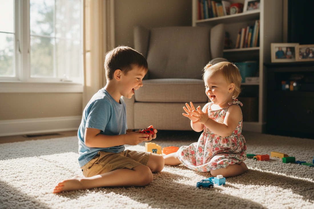 Color image of two siblings playing blocks together on the floor