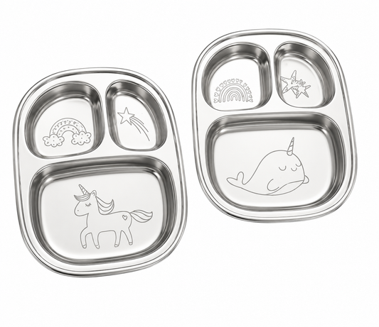 Stainless Steel Divided Plates for Kids — Unicorn Design | Set of 2